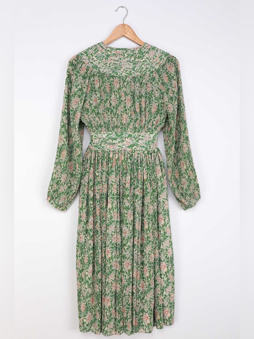 Green Floral V-neck Long Puff Sleeve Pintucked Midi Dress Pleated Wedding Garden - Picture 5 of 11